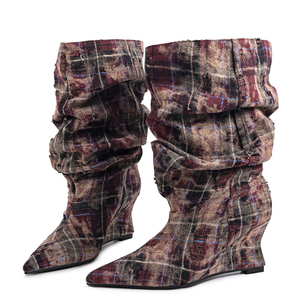 Bottines à talons compensés pointus en tissu pour femme, avec empeigne plissée à carreaux mélangés, talon haut, grande taille 45 - Product Image 6