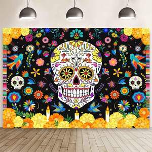 Fondo para Fotografía con Diseño Floral de Azúcar para el Día de los Muertos, Decoración para Fiesta Mexicana del Día de Muertos, Pancarta Personalizable - Product Image 3