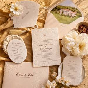 Ensemble de cartes d'invitation de <span class=keywords><strong>mariage</strong></span> personnalisées avec <span class=keywords><strong>enveloppe</strong></span>, motif Riviera française, <span class=keywords><strong>dentelle</strong></span> gaufrée, monogramme E M, et insert villa aquarelle - Product Image 4