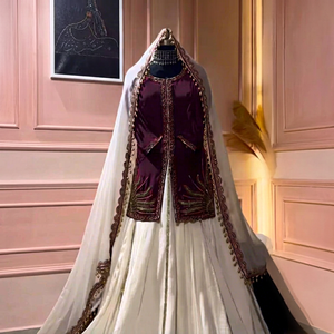 Indian Pakistani Wedding Lehenga Set for <b>Women</b> Maroon Embroidered <b>Waistcoat</b> White Dupatta Floor Length Natural Crep Silk Quick - Product Image 1