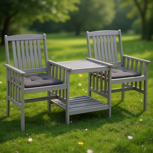 Chaise de jardin en bois d'acacia massif gris avec table à thé, ensemble de meubles d'extérieur durables pour usage en jardin - Product Image 2