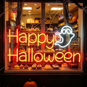Panneau néon LED Happy Halloween, motif Pot de fantôme, en verre rectangulaire, pour publicité, lumière chaude 2700K - Product Image 1