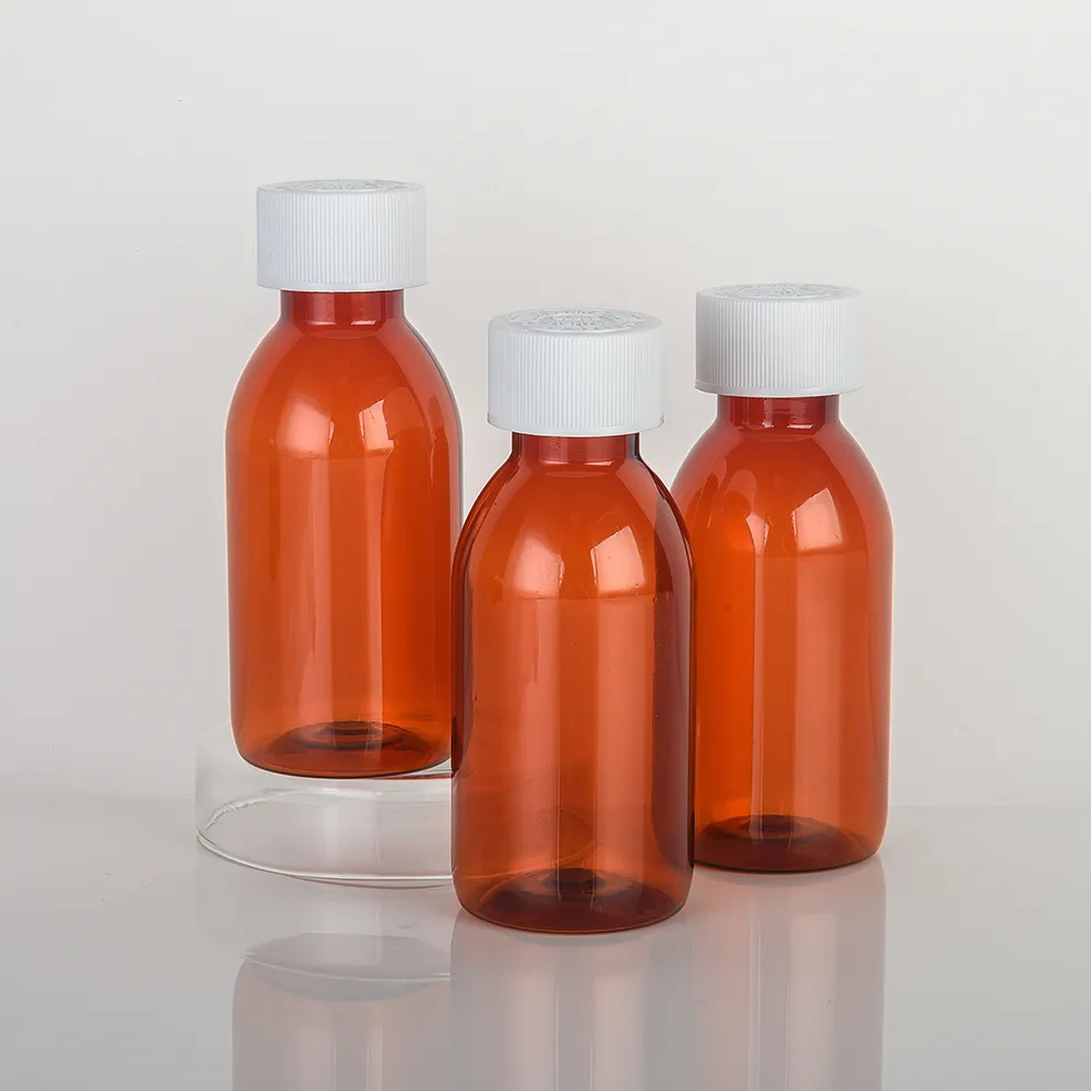 100ml Atacado Medical Plastic PET Amber Medicine Bottle Xarope para tosse Garrafa Com Segurança Infantil Screw Cap