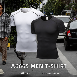 เสื้อยืดผู้ชายทรงสลิมฟิต แขนสั้น คอกลม แห้งเร็ว สีพื้น สปอร์ต สีดำ สีขาว ผ้าถักโพลีเอสเตอร์ - Product Image 2