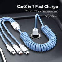 Câble de charge USB rétractable tressé à ressort spiralé de 1,5 m avec connecteurs multiples pour voiture et téléphone portable, usage quotidien
