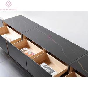 Meuble TV de luxe Nero Marquina en marbre <span class=keywords><strong>Console</strong></span> de divertissement de qualité supérieure en pierre de veine noire et blanche avec meuble de rangement - Product Image 6