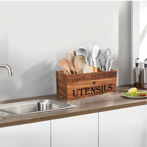 Porte-ustensiles rectangulaire en bois d'acacia laqué pour <span class=keywords><strong>cuisine</strong></span> de style campagnard, avec 4 compartiments et design réglable - Product Image 4