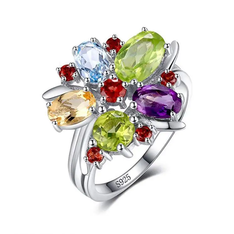 Natural Ametista Citrino Garnet Peridot Topázio Azul Anel de Cocktail 925 Sterling Silver