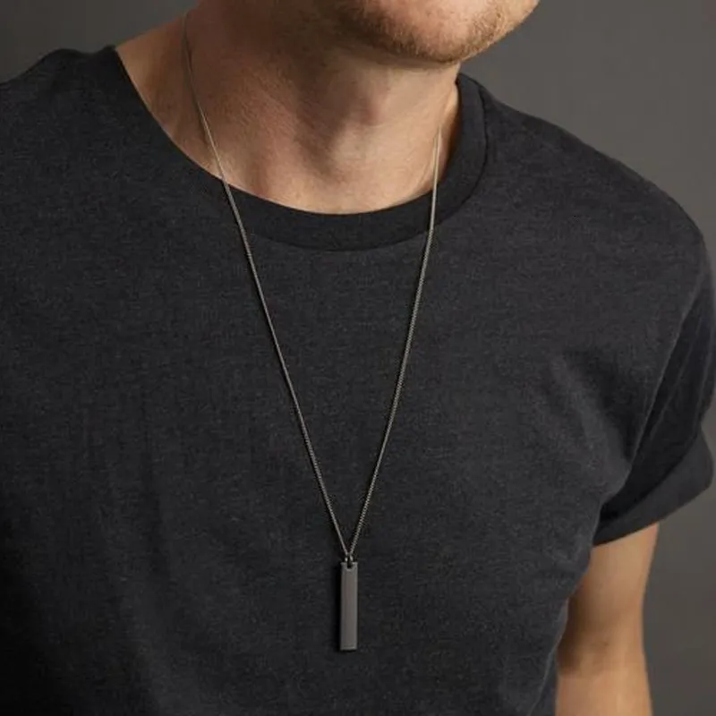 2020 Fashion New Black Rectangle Pendant Necklace Men Trendy Simple Stainless Steel Chain Men Necklace Jewelry Gift