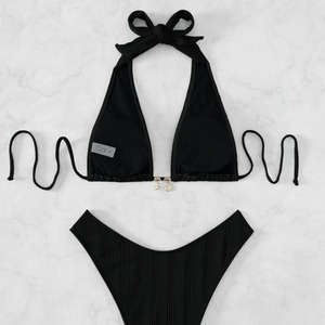 FD233 Dropshipping grazioso Bikini a vita alta elegante cravatta Sexy profondo V costume da bagno Push decorazione con taglio solido Design semplice - Product Image 3