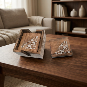 Lot de 5 dessous-de-verre classiques en bois de Sheesham faits à la main, avec incrustations florales, rectangulaires, écologiques, durables, présentés en coffret, pour une table artistique - Product Image 1