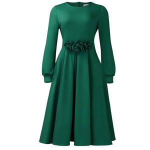 D602 Abito Midi <span class=keywords><strong>a</strong></span> Linea <span class=keywords><strong>A</strong></span> da Donna, Formale e Modesto, Tinta Unita, Manica Lunga, Decorazione Floreale 3D, Ecologico, per Primavera e Autunno - Product Image 4