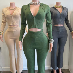 Huili OEM Tùy Chỉnh Hai Mảnh Dệt Kim Zip up Trùm Nón Áo Khoác & Xà Cạp Trang Phục Cardigan Loungewear Áo Len Bộ Cho Phụ Nữ - Product Image 6