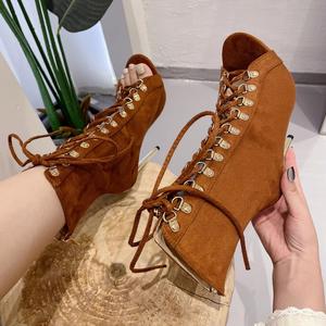 Brown Stiletto Latin Boots Breathable Jazz Rumba Modern Dance Shoes for Women - Product Image 1