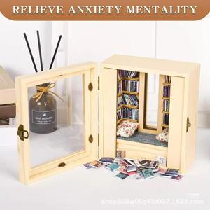 Mini estantería de madera, modelo de biblioteca de escritorio, adorno, caja de almacenamiento de color madera natural con espejo y asiento acolchado - Product Image 4