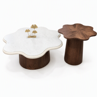 Ensemble de tables basses Six Lobe Flower en marbre blanc, table d'appoint en bois Starburst, base en noyer à bord crème, paire de tables gigognes modernes