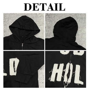 Manufacturer 450 Gsm Sun Faded Acid Washed Custom Logo Distressed Embroidery Patchwork Zip up Heavy Weight Rhinestone Hoodie - Product Image 4