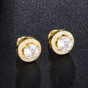 Cubic Zircon Brass Round Stud Earring Hip Hop Bling Iced Out Micro Full Paved For Men Jewelry