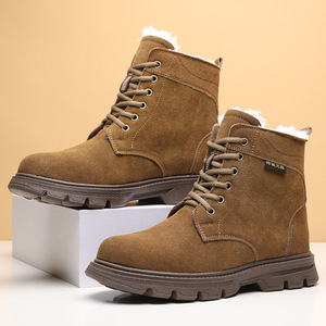 Men Snow Boots Winter Warm <b>Wool</b> Lined Mid Heel Front Laces Rubber Sole Work Boots Solid Color - Product Image 1
