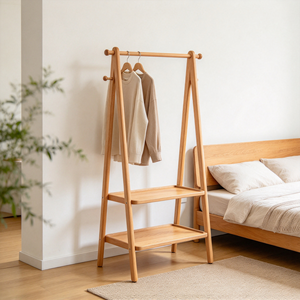 Porte-manteau en bois sur pied avec 2 étagères de rangement, organisateur de vêtements pour chambre à coucher - Product Image 6