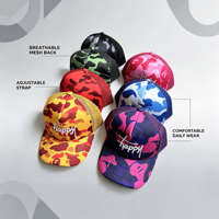 Casquette Trucker personnalisée à 5 panneaux non structurée en mousse camouflage avec dos en maille et corde, broderie personnalisée, casquette de sport à fermeture snapback avec motif à pois
