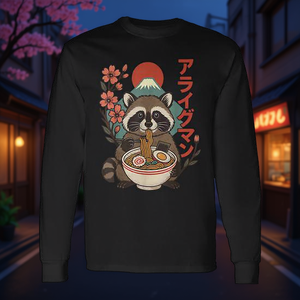 Camiseta de manga larga con estampado de anime de mapache comiendo ramen - Product Image 3