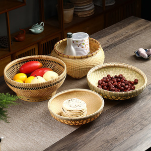 Handmade <b>Bamboo</b> Woven <b>Baskets</b> Round Food Storage Kitchen Use Single Tier Fruit And Vegetable Containers - Product Image 1