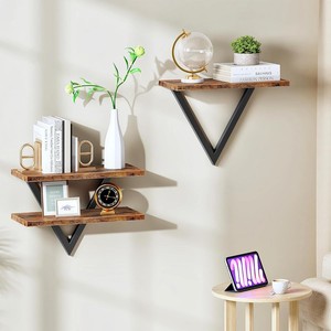 Wooden Floating <b>Shelf</b> <b>Wall</b> <b>Mounted</b> Storage Rack With Metal Frame Triangle Shape For Living Room Display - Product Image 3