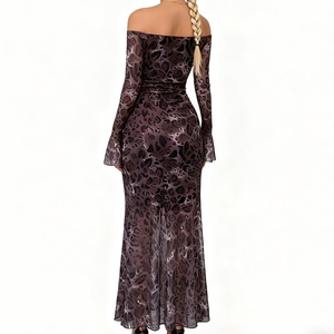 Nouvelles robes élégantes vintage pour femmes, à épaules dénudées, à manches longues, en maille, à imprimé léopard, tendance - Product Image 3