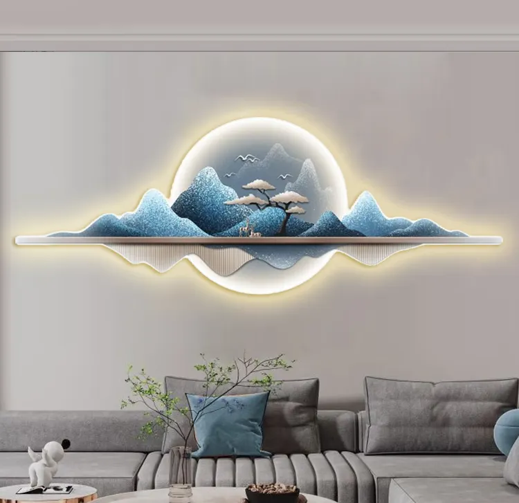 Arte de la pared de lujo dormitorio pintura 3D luz moderna paisaje de lujo cristal porcelana pintura y luz LED pintura decorativa