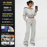 Ensemble de survêtement streetwear pour femme automne : sweat à capuche court et pantalon évasé, tenue de sport tendance avec pantalon de jogging effet usé