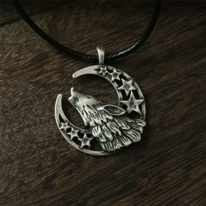 Collier en cordon avec pendentif lune et loup hurlant, collier unisexe avec pendentif loup pour homme - Product Image 2