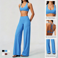 Ensemble de sport 2 pièces personnalisé pour femme : Soutien-gorge de sport à col en V et dos croisé, pantalon taille haute à jambes larges – Idéal pour l'été, la gym et l'entraînement
