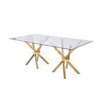 Table de salle à manger rectangulaire moderne en acier inoxydable avec base dorée, personnalisable pour hôtels, mariages et événements scolaires (vente en gros)