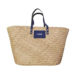 Wholesale handmade natural straw basket leather patch custom's logo printing brand promotion women straw hand bag beach belt bag