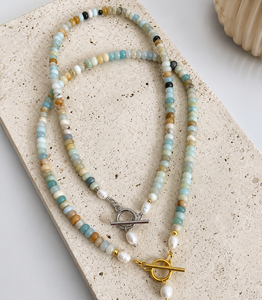 Conjunto de Joyería Boho de Moda: Pulsera y Collar de Perlas de Agua Dulce y Piedras Naturales con Diseño de Hebilla OT, Gargantilla de Amazonita para la Playa - Product Image 2
