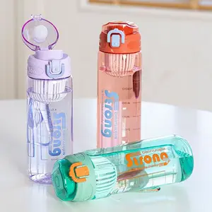 Cangkir plastik botol air anak-anak olahraga bening transparan kualitas tinggi dengan tutup dan sedotan