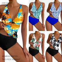AMCLEVER Ensemble de bikini imprimé sexy - Haut push-up à col en V profond avec bas noir taille haute, maillot de bain amincissant OME Logo personnalisé