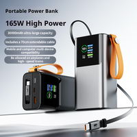 Batterie externe 30000mAh avec câble de données USB-C intégré, charge rapide PD100W, écran LED, corps métallique, prise universelle pour ordinateurs portables et mobiles