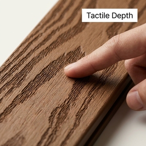 Dalles de terrasse WPC 3D hyper-réalistes en relief, revêtement de <span class=keywords><strong>sol</strong></span> extérieur composite emboîtable avec grain de bois tactile pour balcon de luxe - Product Image 3