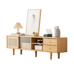 Meuble TV de style japonais 140 cm, design minimaliste, meuble de rangement pour salon avec portes en rotin et en verre - Product Image 5