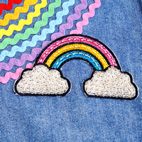 Robes pour filles en jean délavé bleu clair, maxi, avec col arc-en-ciel, patch nuage perlé, fente, vente en gros de vêtements pour enfants
