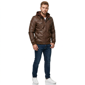 Factory Wholesale Fashion Men Racer Motorcycle PU Leather Plus Size Hooded Jacket Breathable <b>Zipper</b> Stand Autumn Brown Black - Product Image 3