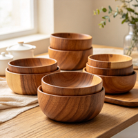 Bol à salade en bois d'acacia, bol à fruits domestique, bol à soupe en bois, bol en bois de style japonais, accessoires de vaisselle vintage en bois pour la cuisine