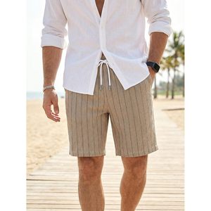 Shorts décontractés rayés pour homme FOXA, coupe décontractée, taille élastique avec cordon de serrage, respirants, en lin et coton - Product Image 2
