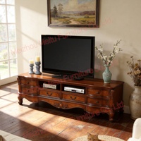 Meuble TV bas vintage en cerisier avec tiroirs, console en bois massif sculpté style farmhouse, meuble TV classique américain pour salon