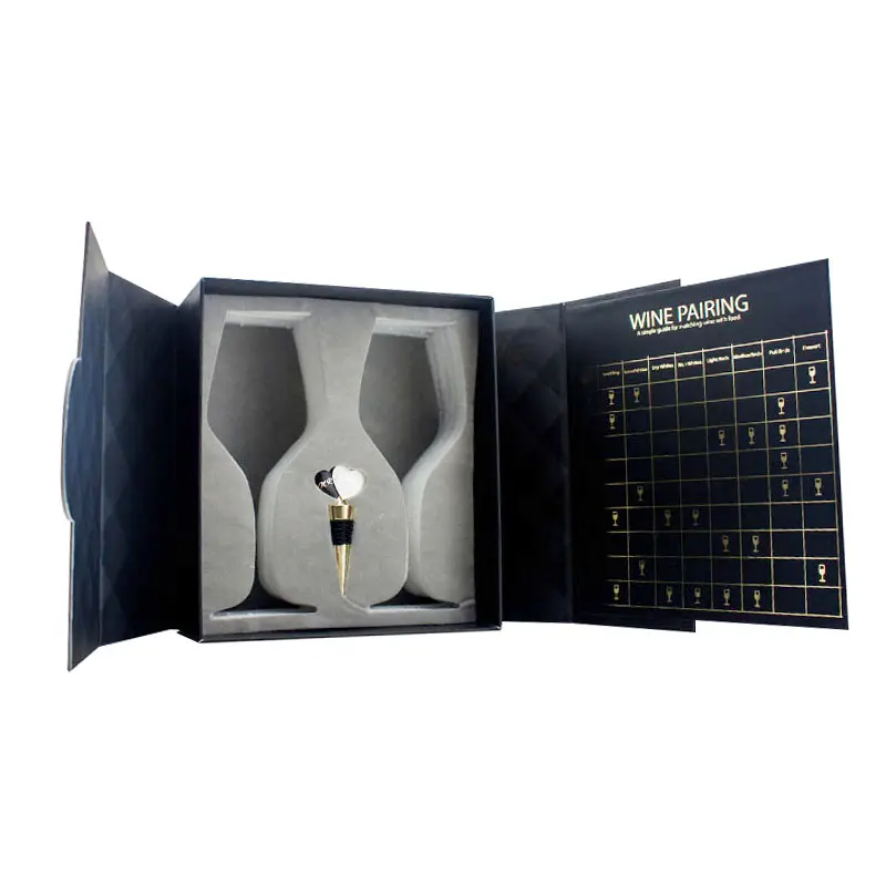 Caixas de papel magnéticas de garrafa de vinho, embalagens personalizadas de garrafa de vidro preto e dupla abertura