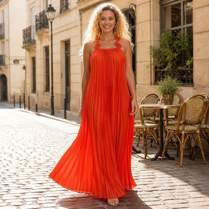 Elegante Abito Lungo Plissettato da Donna con Applicazioni Floreali, Senza Maniche, in Chiffon, <span class=keywords><strong>per</strong></span> Serate e Matrimoni - Product Image 1
