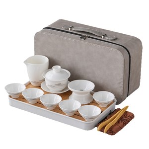 Set da Tè da Viaggio in Ceramica Bianca Stile Cinese Moderno, Design Paesaggistico Montano, Vassoio Portatile, Gaiwan, Tazza da Tè Completa, Souvenir Disponibile - Product Image 5