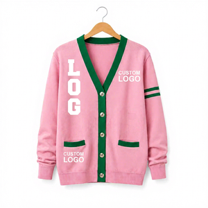 <b>Women</b> High Quality Sorority <b>Cardigan</b> <b>Sweater</b> Eco Friendly Stylish Breathable Acrylic V-neck Double Breasted Pink Green Contrast - Product Image 1